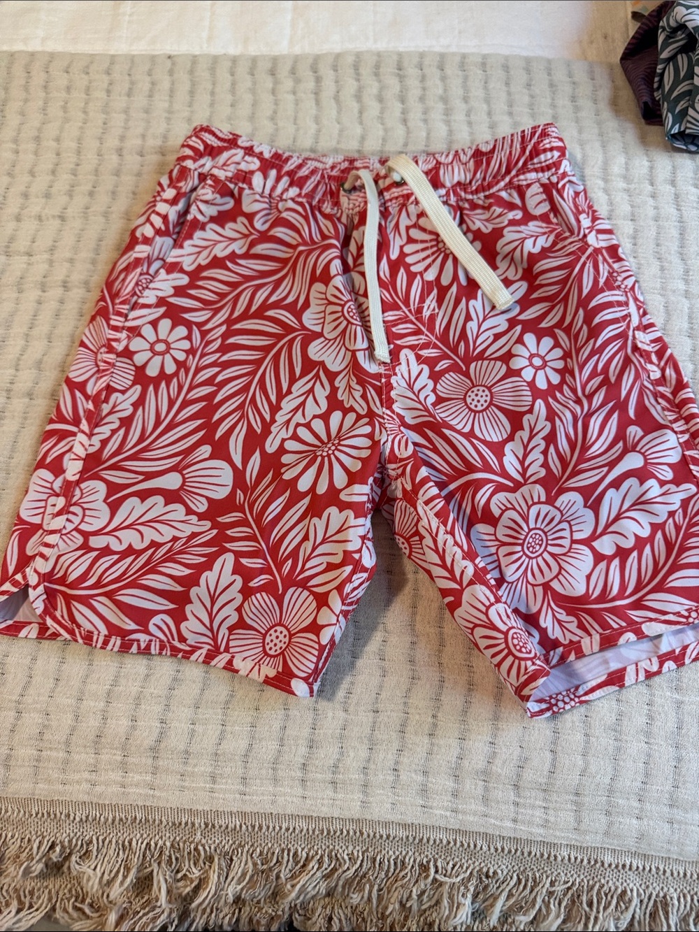 Fair Harbor Red Floral BOYS Swim/Board Shorts with Drawstring